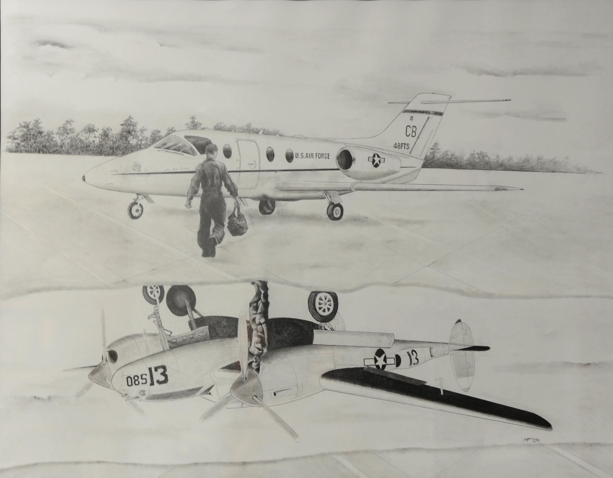 In this artist’s heritage sketch, a Specialized Undergraduate Pilot Training student pilot prepares to fly a T-1A Jayhawk, the 48th Flying Training Squadron’s current aircraft with a P-38 Lightning reflected in a puddle on the ramp. This drawing represents the past, present and future of the 48th Squadron. (U.S Air Force photo by Airman 1st Class Beaux Hebert)