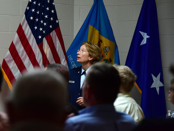 Maj. Gen. Carol A. Timmons, adjutant general, Delaware National Guard, briefs honorary commanders and local business leaders on the mission and capabilities of the Delaware National Guard during the Center of Influence Conference at Bethany Beach Training Site, Bethany Beach, De., 27 July 2017. (U.S. Air National Guard photo by SSgt. Andrew Horgan/released)