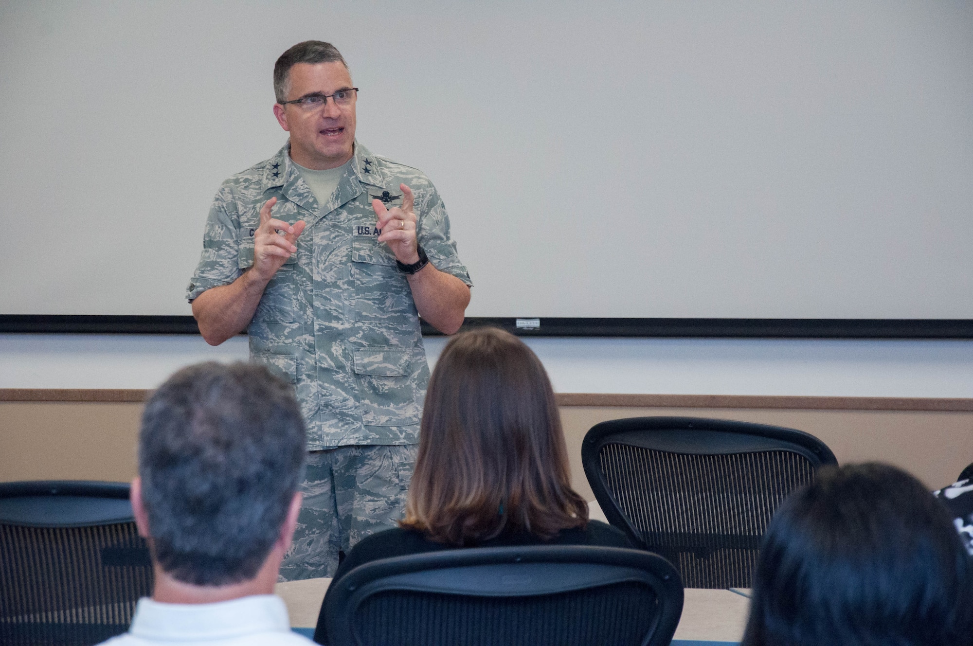 DAYTON, Ohio – Air Force Research Laboratory Commander Maj. Gen. William T. Cooley delivers opening remarks at the AFRL Commander’s Challenge 2017 kick off Aug. 2 at the Wright Brothers Institute Tec^Edge Innovation and Collaboration Center here. This year’s challenge is “Precision Remote Resupply,” designed to support combat troops deployed from a forward operating base. (U.S. Air Force photo/John Harrington)