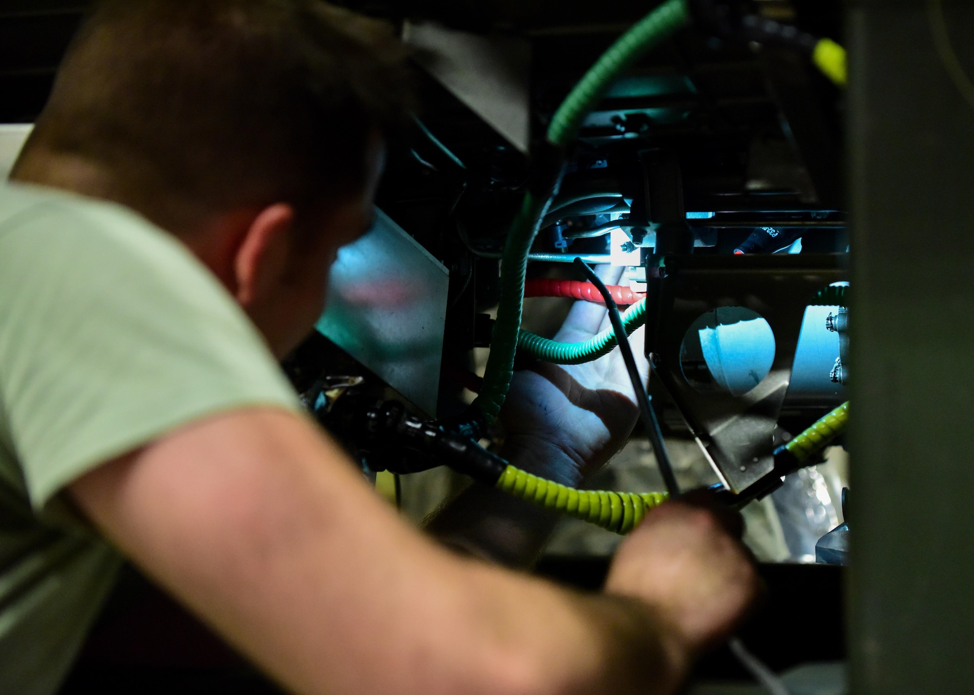 U.S. Air Force Senior Airman Charles Rutledge, an aircraft propulsion system journeyman with the 509th Aircraft Maintenance Squadron, examines components of a B-2 Spirit engine at Whiteman Air Force Base, Mo., July 27, 2017. On average, it takes about four hours to complete an engine inspection that consists of 300 items.