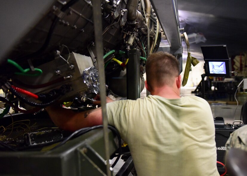 U.S. Air Force Senior Airman Charles Rutledge, an aircraft propulsion system journeyman 509th Aircraft Maintenance Squadron, examines the interior of a B-2 Spirit engine at Whiteman Air Force Base, Mo., July 27, 2017. Rutledge used a borescope, which helps view areas that would otherwise not be visible.