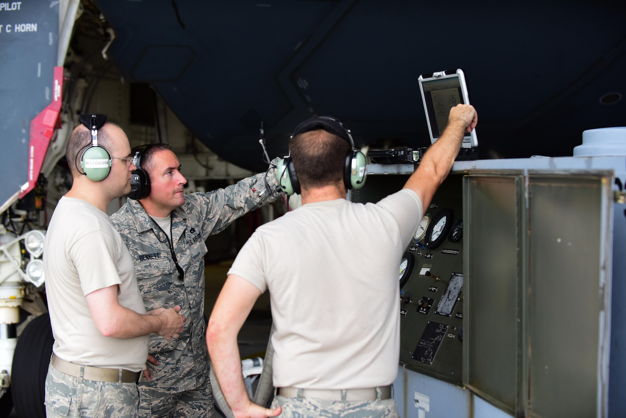 Aircraft electrical and environmental system technicians with the 509th and 131st Aircraft Maintenance Squadrons set up a cabin pressure tester cart at Whiteman Air Force Base, Mo., July 27, 2017. Cabin pressurization creates a safe and comfortable environment for the pilots when they fly missions at altitudes as high as 50,000 feet.