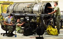 Aircraft propulsion system specialist with the 509th Aircraft Maintenance Squadron inspect the interior of a B-2 Spirit engine at Whiteman Air Force Base, Mo., July 27, 2017. The inspection was performed to determine the serviceability of the engine before it was installed into a B-2.