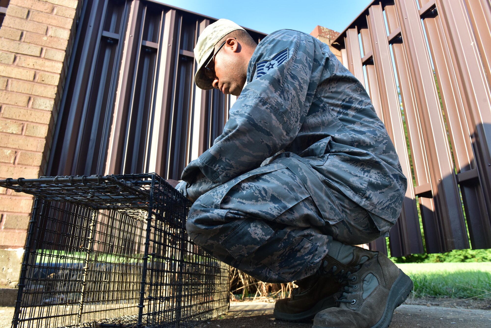 Tech. Sgt. Richard Mauldin, a pest control specialist assigned to the 509th Civil Engineer Squadron, places a single-door trap behind a dumpster on Whiteman Air Force Base, Mo., Aug. 2, 2017.