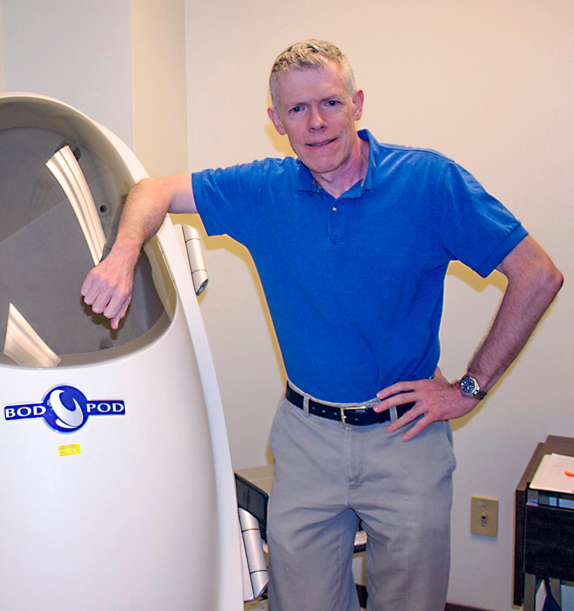Guy Leahy and the 377 Medical Group Health Promotion BodPod.