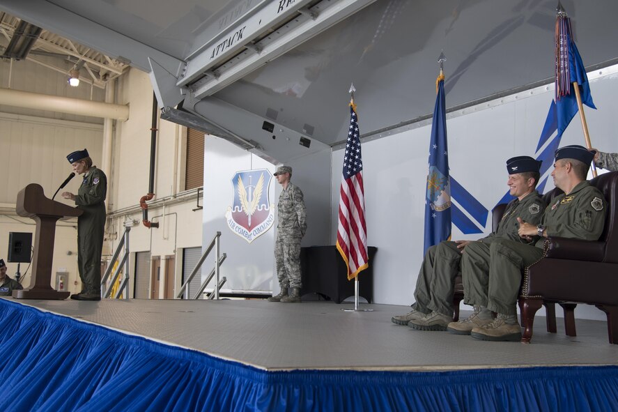 Col. Jennifer Short, 23d Wing commander, speaks during a change of command ceremony, at Moody Air Force Base, Aug. 4, 2017. Col. Michael Curley took command of the 23d Fighter Group from Col. Timothy Sumja, 23d FG outgoing commander. (U.S. Air Force photo by Staff Sgt. Olivia Dominique)