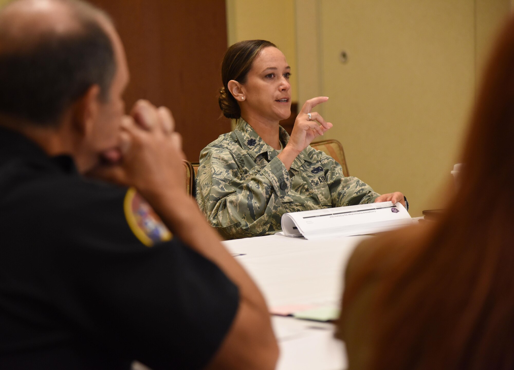 Lt. Col. Melissa Rativa, 81st Logistics Readiness Squadron commander, shares her ideas during the quality of life/community benefit group discussion during the Air Force Community Partnership Program Ideas Workshop at the Bay Breeze Event Center July 27, 2017, on Keesler Air Force Base, Miss. The program administrators are working to leverage military and local community capabilities and resources to achieve mutual value and benefit in support of the Air Force and its business partners. (U.S. Air Force photo by Kemberly Groue)