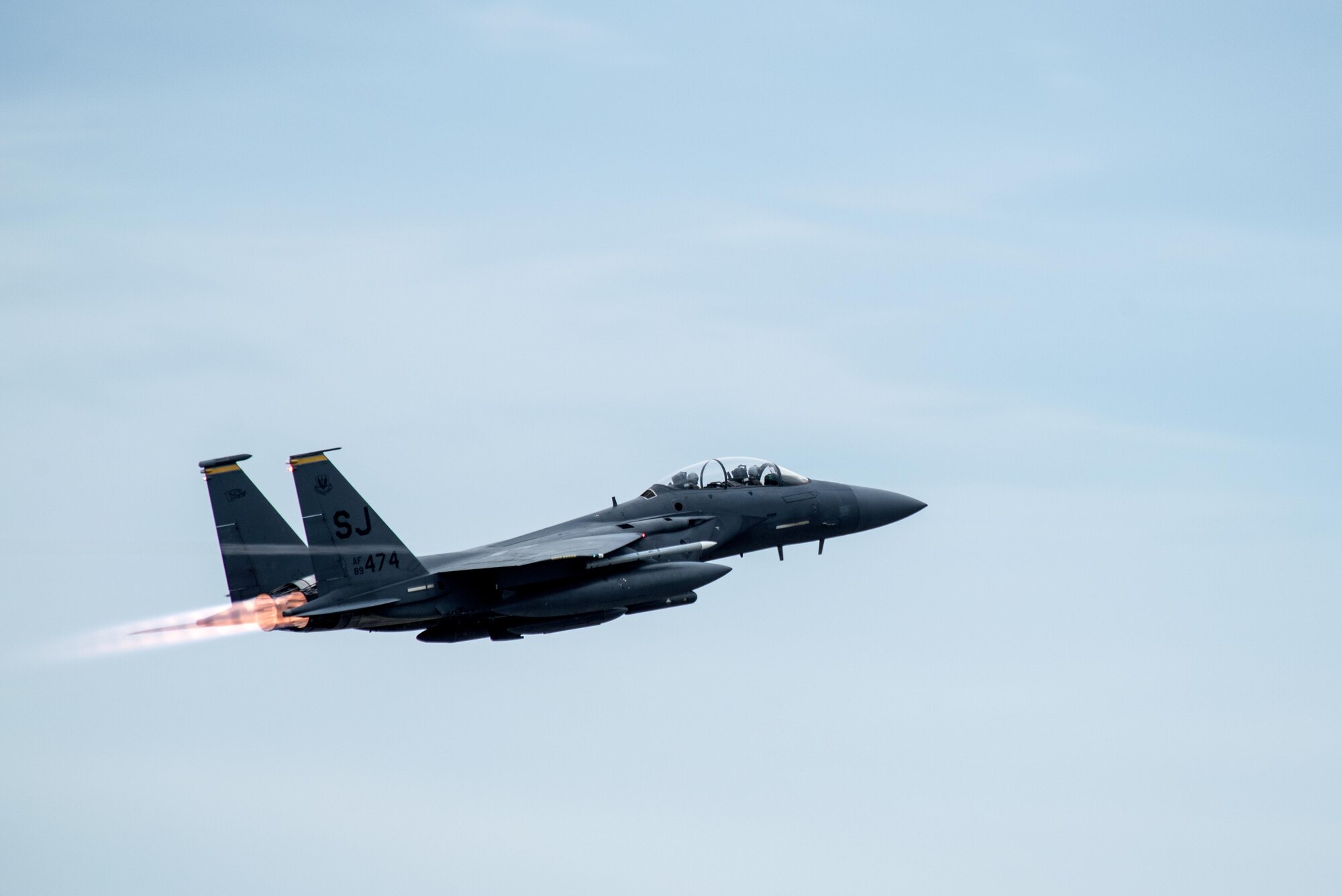 An F-15E Strike Eagle takes off in route to Hill Air Force Base, Utah, for exercise Combat Hammer, Aug. 4, 2017, at Seymour Johnson Air Force Base, North Carolina. Combat Hammer is a two-week long exercise for combat and weapons testing. (U.S. Air Force photo by Airman 1st Class Shawna L. Keyes)