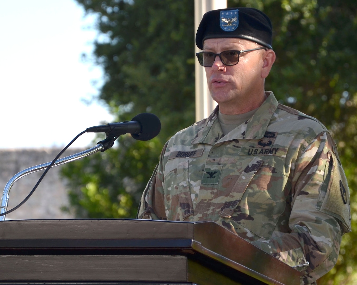 Col. William Boruff expresses his thanks for the opportunity to lead the Mission and Installation Contracting Command during a change-of-command ceremony July 26 at Joint Base San Antonio-Fort Sam Houston.