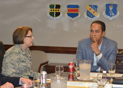 Congressman Will Hurd, 23rd District of Texas, visits with Maj. Gen. Mary O’Brien, commander, 25th Air Force.