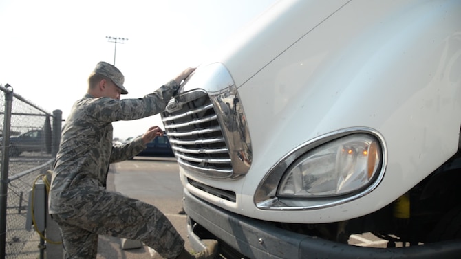 Airman 1st Class Gavin Johnson, 341st Missile Maintenance Squadron tool room technician, inspects a truck Aug. 1, 2017, at Malmstrom Air Force Base, Mont.