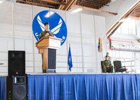 Lt. Col. Mark Sletten, 8th Fighter Squadron commander, gives a speech during the 8th FS activation ceremony at Holloman Air Force Base, N.M. Aug. 4, 2017. The 8th FS has been reactivated six years after its last inactivation May 13, 2011. Sletten took command of the 8th FS at an activation ceremony led by Col. James Keen, 54th Fighter Group commander. (U.S. Air Force photo Airman 1st Class Alexis P. Docherty)