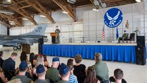 Lt. Col. Mark Sletten, 8th Fighter Squadron commander, gives a speech during the 8th FS activation ceremony at Holloman Air Force Base, N.M. Aug. 4, 2017. The 8th FS has been reactivated six years after its last inactivation May 13, 2011. The squadron will now maintain and pilot F-16 fighter jets, with its sister squadrons, the 311th FS and 314th FS here. (U.S. Air Force photo by Airman 1st Class Alexis P. Docherty)