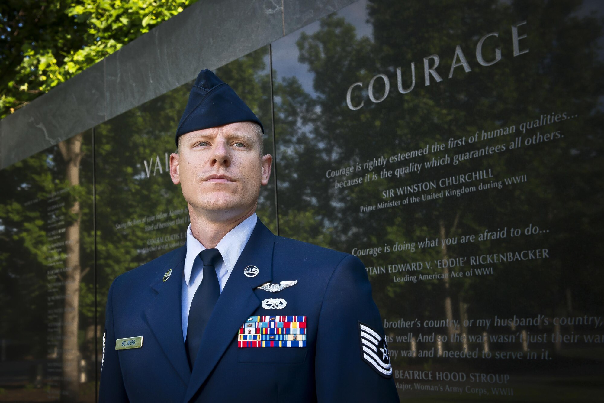 Tech. Sgt. Jason D. Selberg, the Air National Guard's 2016 Outstanding NCO of the Year, poses for a photo at the Air Force Memorial in Washington D.C. May 31, 2017. Selberg is assigned to the 214th Reconnaissance Squadron, Arizona ANG, and was also named one of the U.S. Air Force's 12 Outstanding Airmen of the Year, out of the 105,700 Airmen in the Air National Guard.