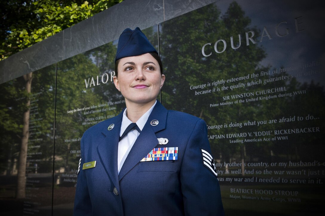 Staff Sgt. Lacey Miller, the Air National Guard's 2016 Outstanding Airman of the Year, poses for a photo at the Air Force Memorial in Washington D.C. May 31, 2017. Miller is assigned to the 290th Joint Communications Support Squadron, Florida ANG, and was chosen for the honor among all junior enlisted Airmen in the Air National Guard.