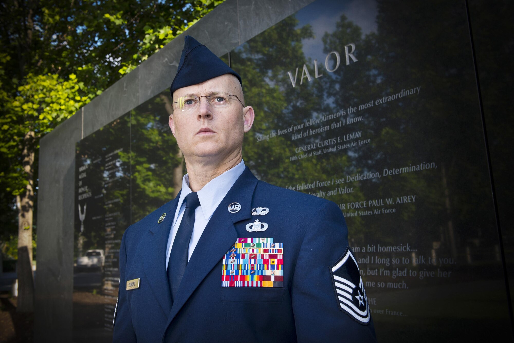 Master Sgt. Thomas DuMont, the Air National Guard's 2016 Outstanding Senior Noncommissioned Officer of the Year, poses for a photo at the Air Force Memorial in Washington D.C., May 31, 2017. DuMont is assigned to the 157th Air Operations Group, Missouri ANG, and was chosen for the honor among all Senior NCOs across the Air National Guard.