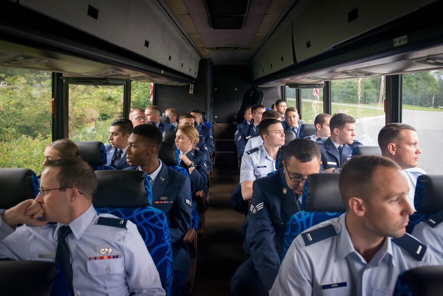 Airmen assigned to the 62nd Fighter Squadron at Luke Air Force Base, Ariz, travel to the Indiantown Gap National Cemetery in Annville Penn., Aug. 4, 2017. Approximately 50 Airmen traveled more than 2,000 miles on plane and bus to attend 2nd Lt. Charles E. Carlson’s funeral . Carlson was a former 62nd FS, who died during World War II after being shot down. (U.S. Air Force photo/Staff Sgt. Jensen Stidham)