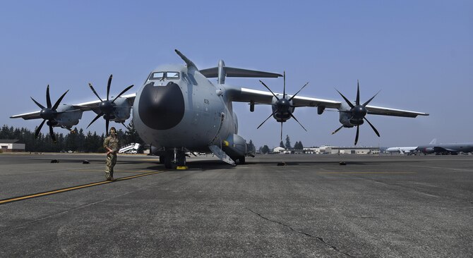 A Royal Air Force airman prepares an A400M Atlas for takeoff Aug. 3, 2017 at Joint Base Lewis-McChord, Wash. The A400 has been in service with the RAF since 2014. More than 3,000 Airmen, Soldiers, Sailors, Marines and international partners converged on the state of Washington in support of Mobility Guardian. The exercise is intended to test the abilities of the Mobility Air Forces to execute rapid global mobility missions in dynamic, contested environments. Mobility Guardian is Air Mobility Command's premier exercise, providing an opportunity for the Mobility Air Forces to train with joint and international partners in airlift, air refueling, aeromedical evacuation and mobility support. (U.S. Air Force photo by Airman 1st Class Erin McClellan)