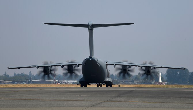 A Royal Air Force A400M Atlas taxis before takeoff Aug. 3, 2017, at Joint Base Lewis-McChord, Wash. The A400 has been in service with the RAF since 2014. More than 3,000 Airmen, Soldiers, Sailors, Marines and international partners converged on the state of Washington in support of Mobility Guardian. The exercise is intended to test the abilities of the Mobility Air Forces to execute rapid global mobility missions in dynamic, contested environments. Mobility Guardian is Air Mobility Command's premier exercise, providing an opportunity for the Mobility Air Forces to train with joint and international partners in airlift, air refueling, aeromedical evacuation and mobility support.  (U.S. Air Force photo by Airman 1st Class Erin McClellan)