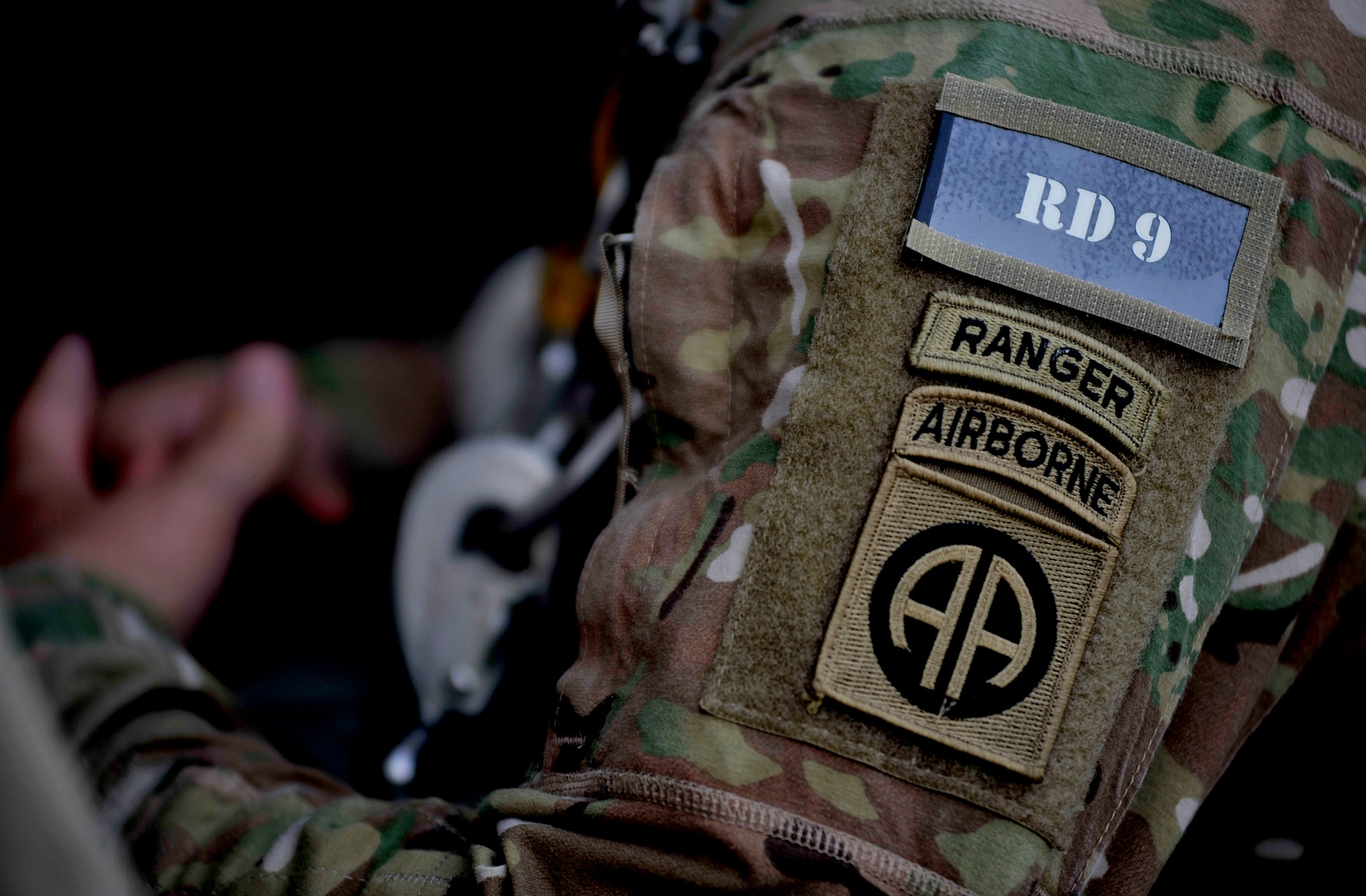 Up close view of 82nd Airborne Division patches on a uniform