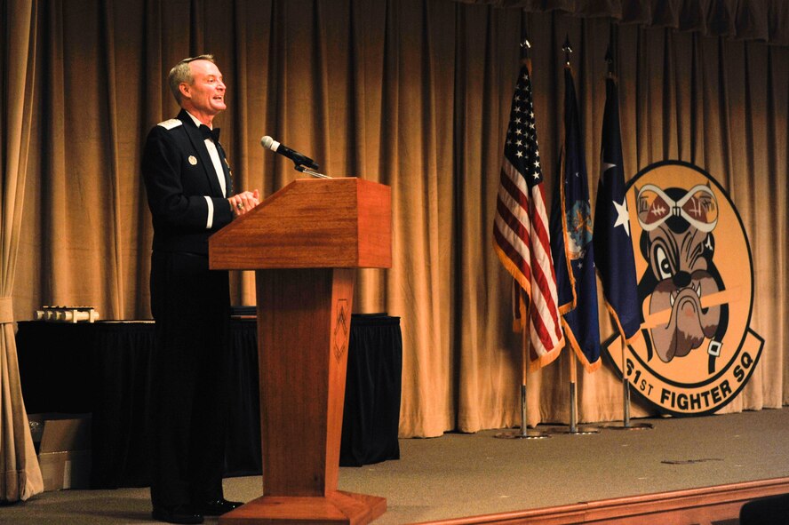 Lt. Gen. Darryl Roberson, the Air Education Training Command commander, speaks at the first F-35A Lightning II initial qualification course graduation Aug. 5, 2017, at Luke Air Force Base, Ariz. The pilots spent eight months completing over 300 hours of academics, 46 simulator events and 48 sorties to complete the training. (U.S. Air Force photo/Airman 1st Class Pedro Mota)