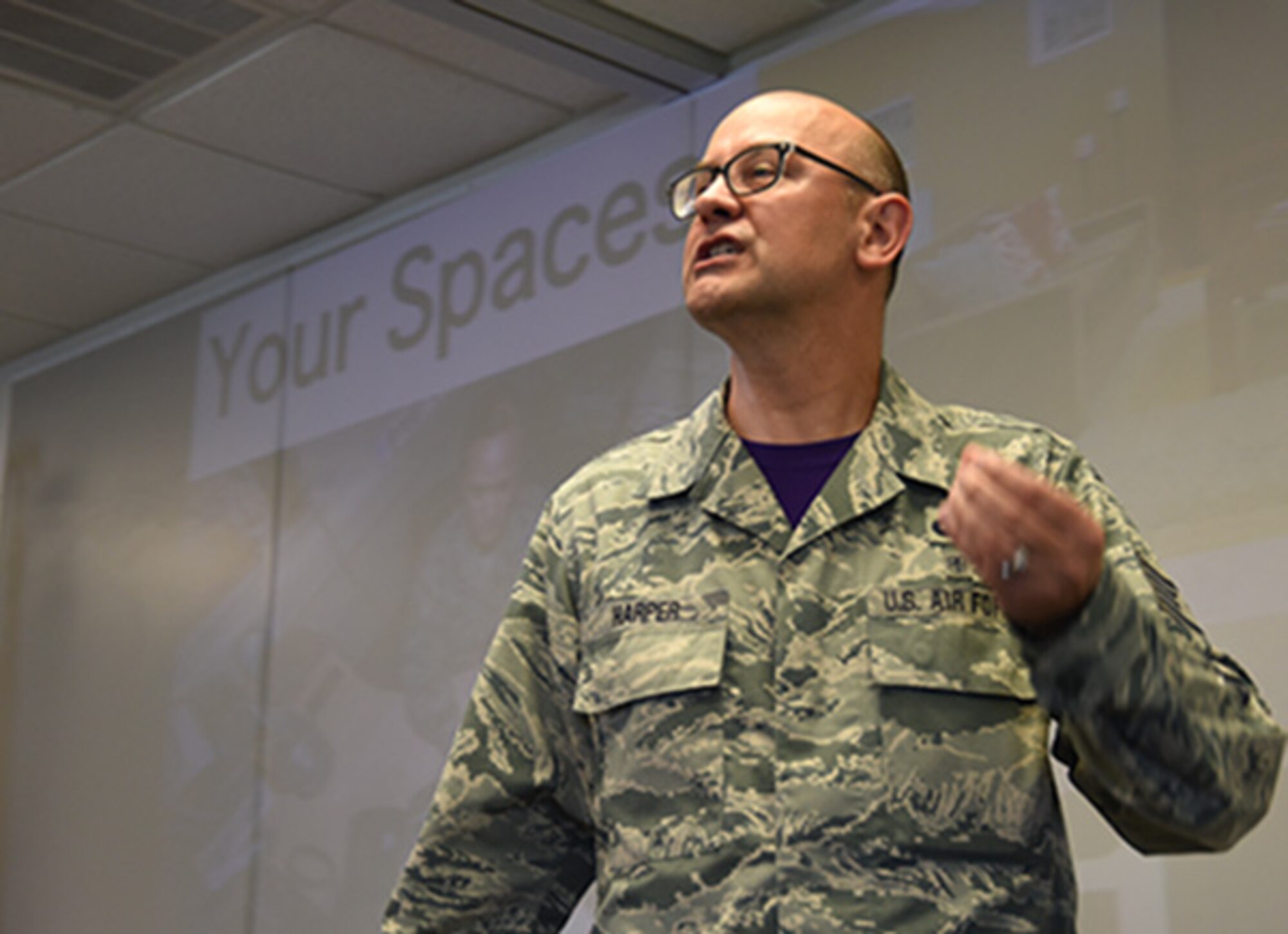 Tech. Sgt. Jim Harper, 301st Fighter Wing violence prevention integrator, conducts a Green Dot training class Sunday, Aug. 6, 2017 at Naval Air Station Fort Worth Joint Reserve Base, Texas. Green Dot is a violence prevention strategy that focuses on the power that individuals have to stop and prevent violence against others. (U.S. Air Force photos by Tech. Sgt. Melissa Harvey)