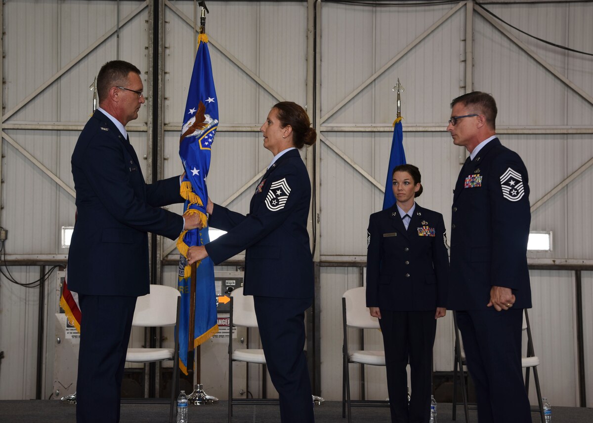 Chief Master Sgt. Zona Hornstra assumed the duties and responsibilities as the Command Chief of the 114th Fighter Wing during a ceremony at Joe Foss Field, Aug. 5, 2017.
