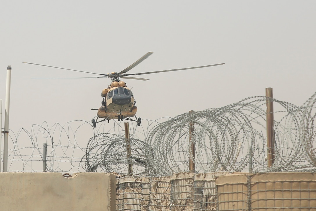 An Afghan Air Force Mi-17 helicopter lands at Camp Shorabak, Afghanistan, Aug. 5, 2017. On July 24, two Mi-17s completed a casualty evacuation in the Nawa district of Helmand province in support of Operation Maiwand Four. Afghan National Army soldiers with 215th Corps successfully planned and prepared for potential CASEVACs during the operation with assistance and support from U.S. Marine advisors assigned to Task Force Southwest. The Afghan forces extracted the wounded soldier from the battlefield within an hour of notification, which allowed for quicker medical care and saved the soldier’s life. (U.S. Marine Corps photo by Sgt. Lucas Hopkins)