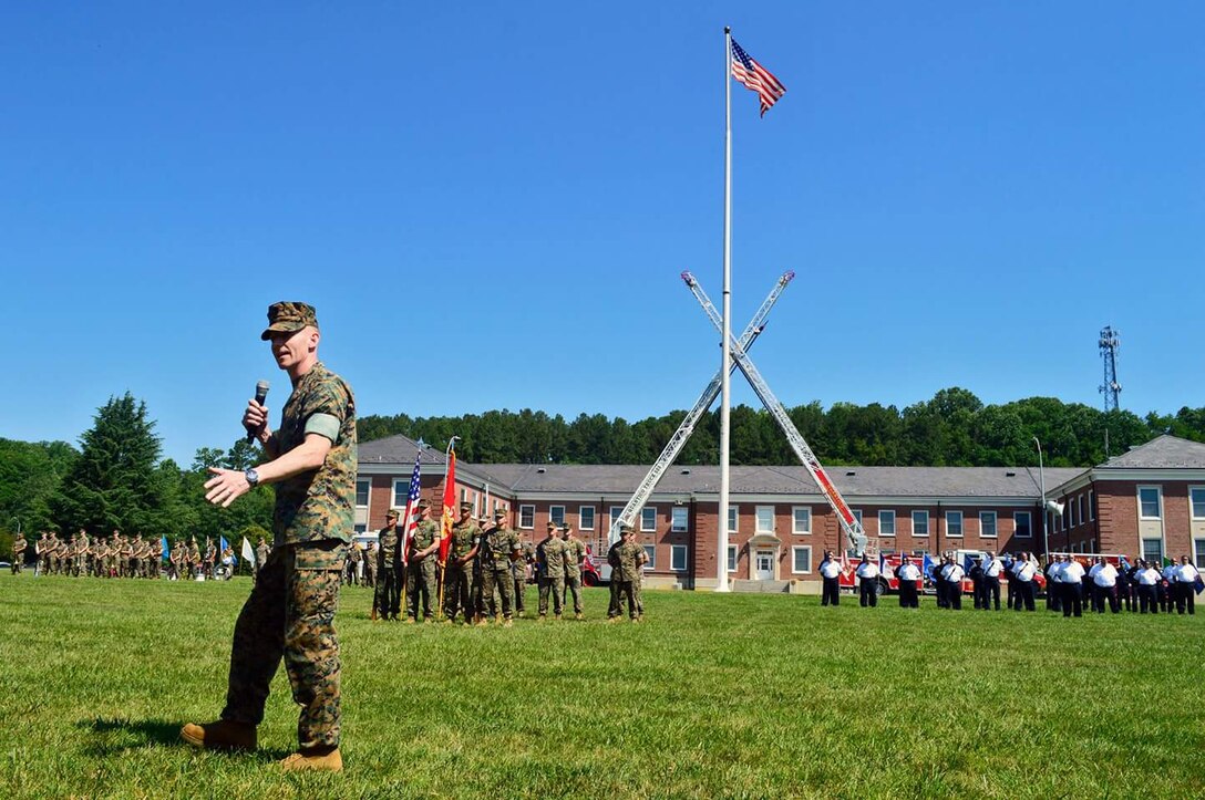 LtCol Mark T. Schnakenberg addresses Security Battalion for the first time as the Commanding Officer.