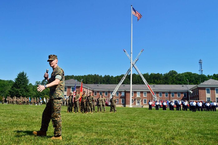 LtCol Mark T. Schnakenberg addresses Security Battalion for the first time as the Commanding Officer.