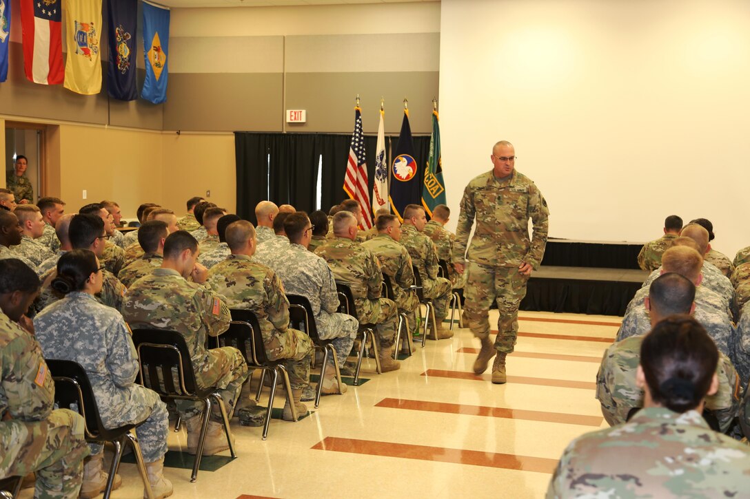 Command Sgt. Maj. Ted. L. Copeland, command sergeant major of the Army Reserve, talks with Soldiers during a town hall meeting July 12, 2017, at the Staff Sgt. Todd R. Cornell Noncommissioned Officer Academy at Fort McCoy, Wis.