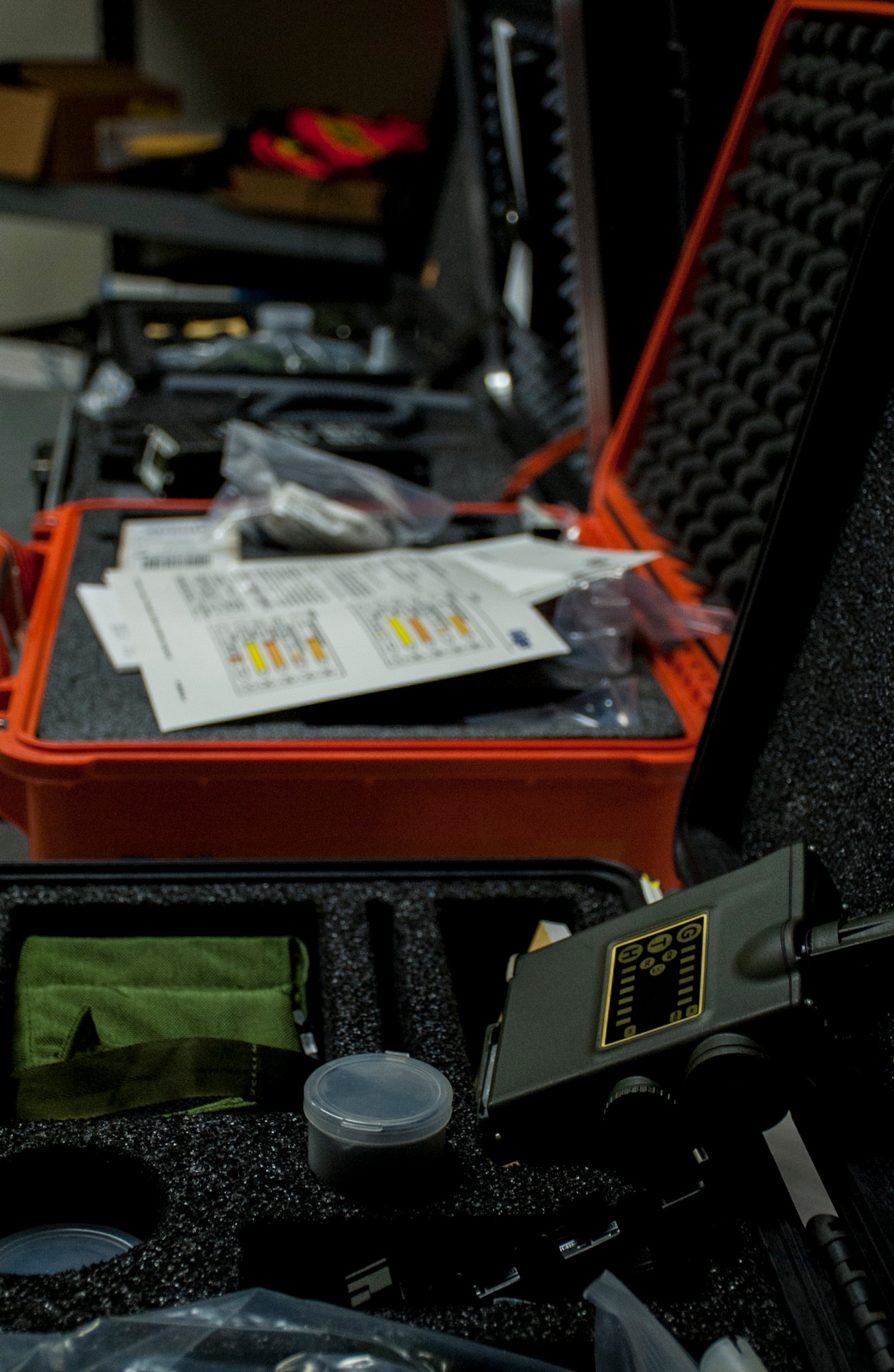 Various tools used by U.S. Air Force Emergency Management sit on a table at MacDill Air Force Base, Fla., Aug. 2, 2017.