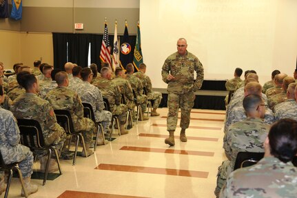 Command Sgt. Maj. Ted. L. Copeland, command sergeant major of the Army Reserve, talks with Soldiers during a town hall meeting July 12, 2017, at the Staff Sgt. Todd R. Cornell Noncommissioned Officer Academy at Fort McCoy, Wis.