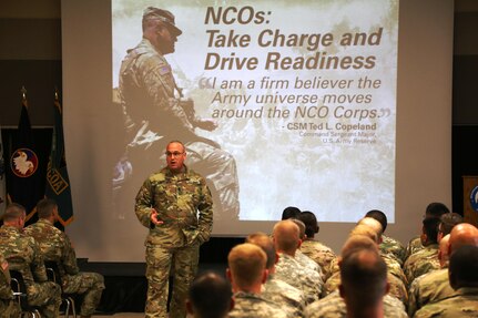 Command Sgt. Maj. Ted. L. Copeland, command sergeant major of the Army Reserve, talks with Soldiers during a town hall meeting July 12, 2017, at the Staff Sgt. Todd R. Cornell Noncommissioned Officer Academy at Fort McCoy, Wis.