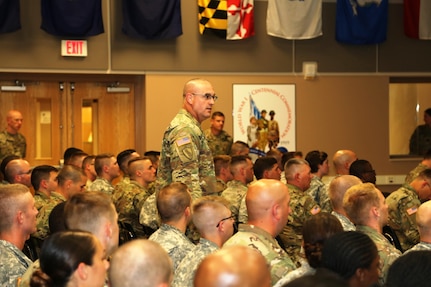 Command Sgt. Maj. Ted. L. Copeland, command sergeant major of the Army Reserve, talks with Soldiers during a town hall meeting July 12, 2017, at the Staff Sgt. Todd R. Cornell Noncommissioned Officer Academy at Fort McCoy, Wis.