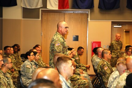 Command Sgt. Maj. Ted. L. Copeland, command sergeant major of the Army Reserve, talks with Soldiers during a town hall meeting July 12, 2017, at the Staff Sgt. Todd R. Cornell Noncommissioned Officer Academy at Fort McCoy, Wis.