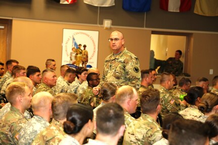 Command Sgt. Maj. Ted. L. Copeland, command sergeant major of the Army Reserve, talks with Soldiers during a town hall meeting July 12, 2017, at the Staff Sgt. Todd R. Cornell Noncommissioned Officer Academy at Fort McCoy, Wis.