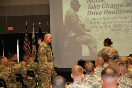 Command Sgt. Maj. Ted. L. Copeland, command sergeant major of the Army Reserve, talks with Soldiers during a town hall meeting July 12, 2017, at the Staff Sgt. Todd R. Cornell Noncommissioned Officer Academy at Fort McCoy, Wis.