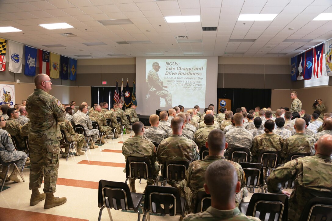 Command Sgt. Maj. Ted. L. Copeland, command sergeant major of the Army Reserve, talks with Soldiers during a town hall meeting July 12, 2017, at the Staff Sgt. Todd R. Cornell Noncommissioned Officer Academy at Fort McCoy, Wis.