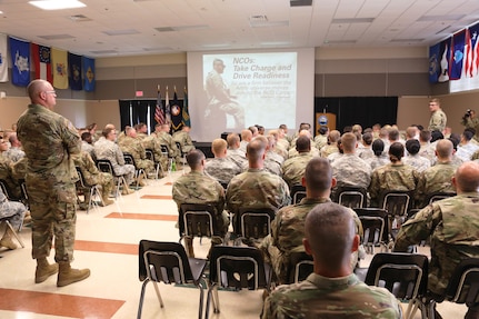 Command Sgt. Maj. Ted. L. Copeland, command sergeant major of the Army Reserve, talks with Soldiers during a town hall meeting July 12, 2017, at the Staff Sgt. Todd R. Cornell Noncommissioned Officer Academy at Fort McCoy, Wis.