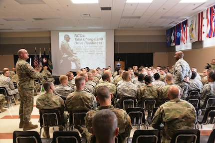 Command Sgt. Maj. Ted. L. Copeland, command sergeant major of the Army Reserve, talks with Soldiers during a town hall meeting July 12, 2017, at the Staff Sgt. Todd R. Cornell Noncommissioned Officer Academy at Fort McCoy, Wis.