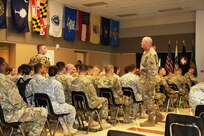 Command Sgt. Maj. Ted. L. Copeland, command sergeant major of the Army Reserve, talks with Soldiers during a town hall meeting July 12, 2017, at the Staff Sgt. Todd R. Cornell Noncommissioned Officer Academy at Fort McCoy, Wis.
