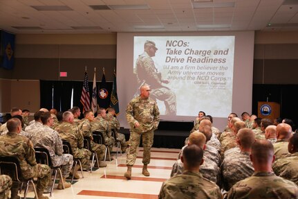 Command Sgt. Maj. Ted. L. Copeland, command sergeant major of the Army Reserve, talks with Soldiers during a town hall meeting July 12, 2017, at the Staff Sgt. Todd R. Cornell Noncommissioned Officer Academy at Fort McCoy, Wis.