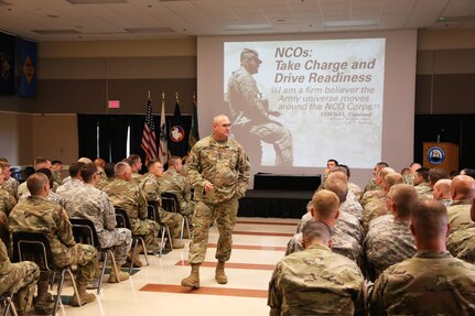 Command Sgt. Maj. Ted. L. Copeland, command sergeant major of the Army Reserve, talks with Soldiers during a town hall meeting July 12, 2017, at the Staff Sgt. Todd R. Cornell Noncommissioned Officer Academy at Fort McCoy, Wis.