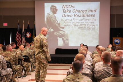 Command Sgt. Maj. Ted. L. Copeland, command sergeant major of the Army Reserve, talks with Soldiers during a town hall meeting July 12, 2017, at the Staff Sgt. Todd R. Cornell Noncommissioned Officer Academy at Fort McCoy, Wis.