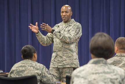 Chief Master Sgt. of the Air Force Kaleth O. Wright speaks to Joint Base San Antonio resiliency support personnel during a resiliency forum July 31, 2017 at the Military and Family Readiness Center, JBSA-Randolph, Texas.  The Air Force's senior enlisted leader met with 502nd Air Base Wing leaders to learn about the installation support mission.  (U.S. Air Force Photo by Sean M. Worrell)
