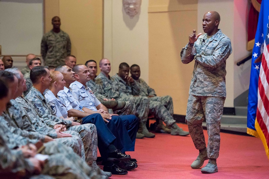 Chief Master Sgt. of the Air Force Kaleth O. Wright discusses recent changes to enlisted professional development education during a senior NCO call on Aug. 31, 2017 at Joint Base San Antonio-Randolph, Texas. The Air Force's senior enlisted leader was at the base for an immersion with Air Education and Training Command headquarters and missions. (U.S. Air Force photo/Sean M. Worrell)