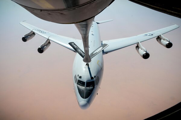 An Air Force E-8C Joint Surveillance Target Attack Radar System aircraft receives fuel from a KC-135 Stratotanker during a flight in support of Operation Inherent Resolve, Aug. 3, 2017. The JSTARS is an airborne battle management, command and control, intelligence, surveillance and reconnaissance platform, with a primary mission to provide theater ground and air commanders with ground surveillance to support attack operations and targeting that contributes to the delay, disruption and destruction of enemy forces. Air Force photo by Staff Sgt. Michael Battles