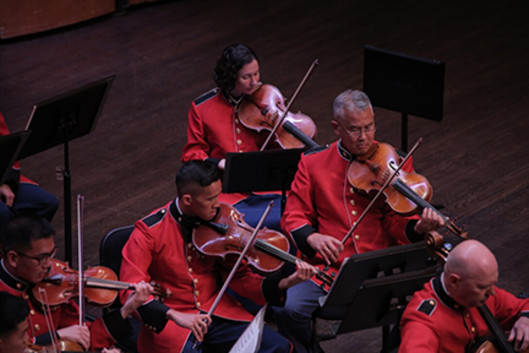 The Marine Chamber Orchestra performed a unique concert featuring only the collaboration of the string players and no conductor on July 29, 2017 at Northern Virginia Community College's Schlesinger Concert Hall in Alexandria, Va. The performance included Johannes Brahms' Liebeslieder Waltzes, arranged by Friedrich Hermann, Joseph Haydn's Concerto No. 2 in D for Cello and Orchestra, Opus 101; and Arnold Schoenberg's Verklärte Nacht, Opus 4.