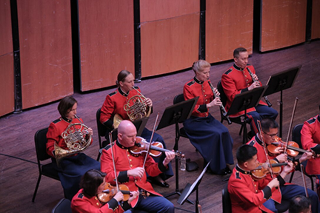 The Marine Chamber Orchestra performed a unique concert featuring only the collaboration of the string players and no conductor on July 29, 2017 at Northern Virginia Community College's Schlesinger Concert Hall in Alexandria, Va. The performance included Johannes Brahms' Liebeslieder Waltzes, arranged by Friedrich Hermann, Joseph Haydn's Concerto No. 2 in D for Cello and Orchestra, Opus 101; and Arnold Schoenberg's Verklärte Nacht, Opus 4.